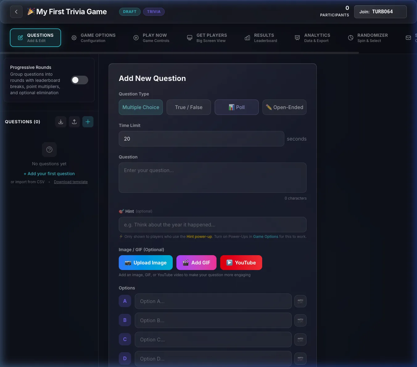 Creating a poll question type in the Trivia Anywhere editor with multiple answer options