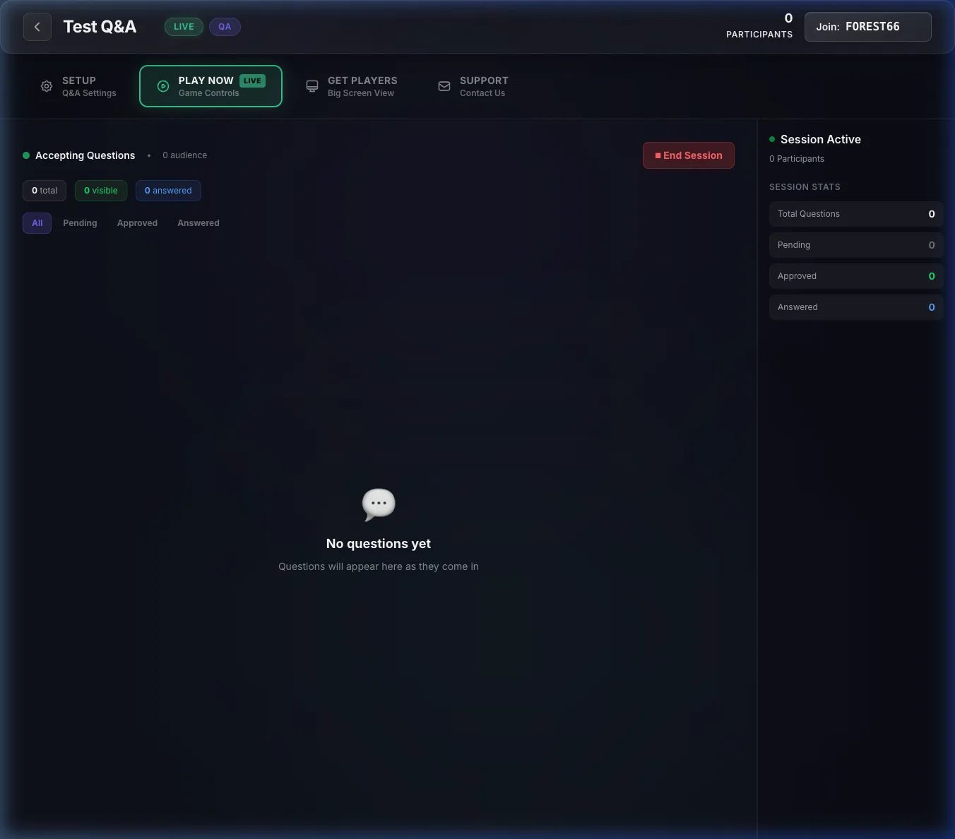 Trivia Anywhere Q&A moderation dashboard showing live question queue with approval, rejection, and pinning controls