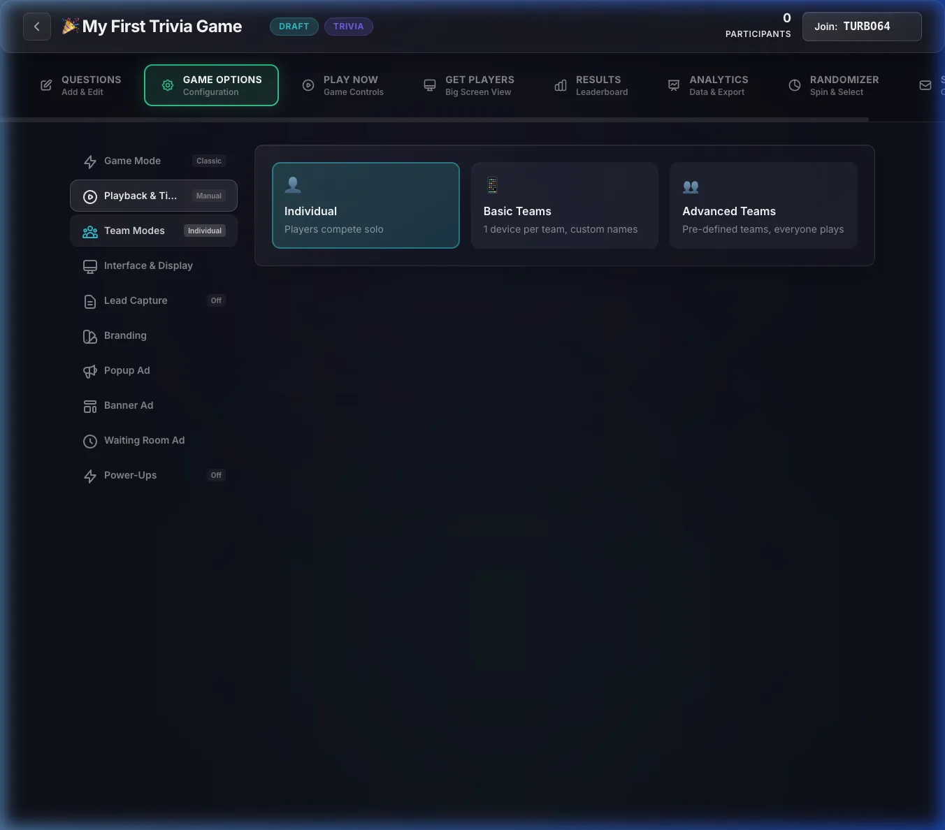 Team mode configuration in Trivia Anywhere showing individual, basic, and pre-defined team options